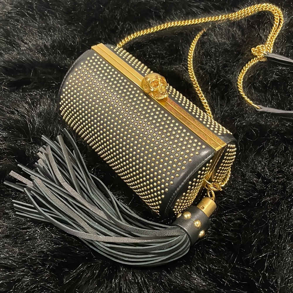 Alexander McQueen Cylinder Black Studded Cross Body Clutch with Scull ornament